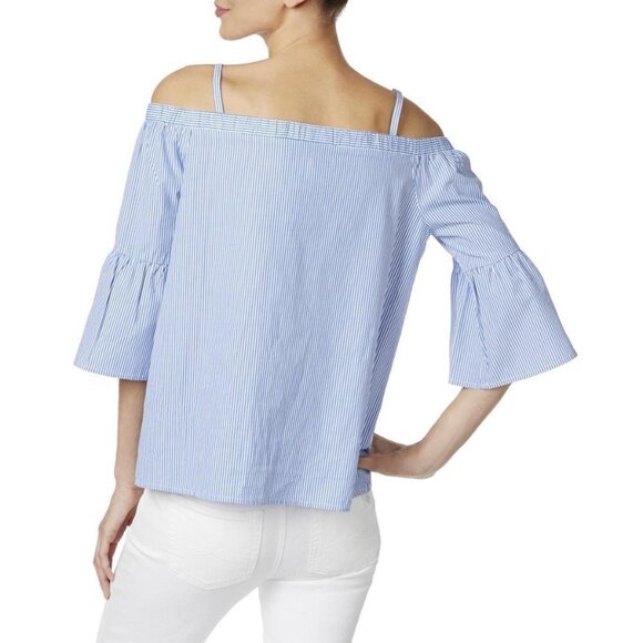 INC INTERNATIONAL CONCEPTS Blue White Stripe Bell Cold Shoulder Boxy Shirt XXL - Picture 2 of 8